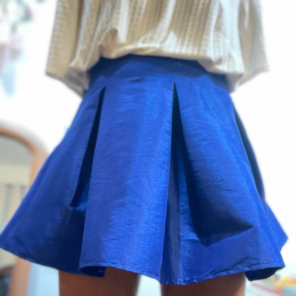 High Waisted Cobalt Blue Pleated Skater Mini Skirt